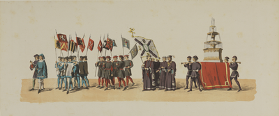 29144 Zesde blad van de maskerade van de studenten van de Utrechtse hogeschool op 25 juni 1867, voorstellende het ...